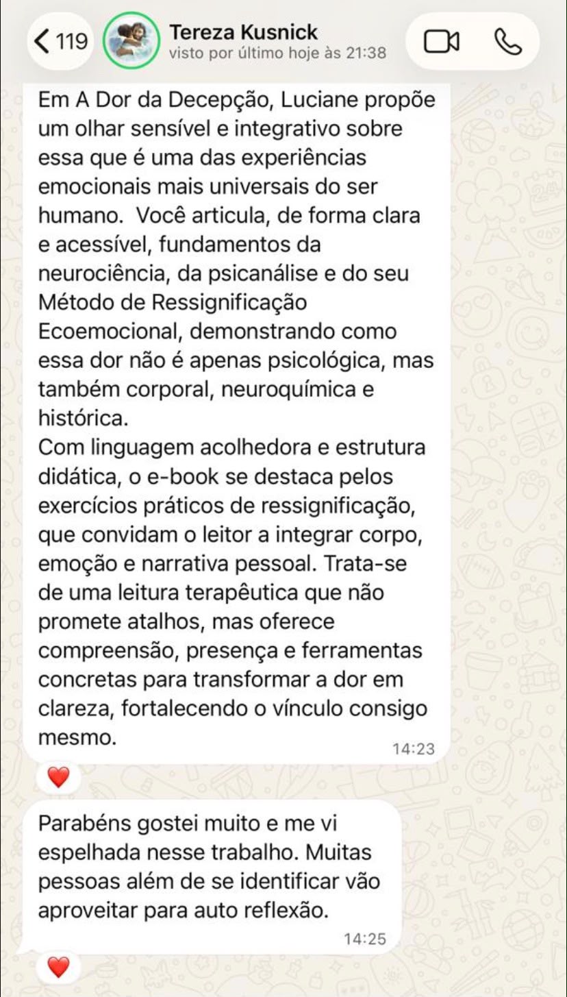 Print de conversa no WhatsApp: leitora comenta que o e-book articula neurociência, psicanálise e o Método de Ressignificação Ecoemocional com linguagem acessível